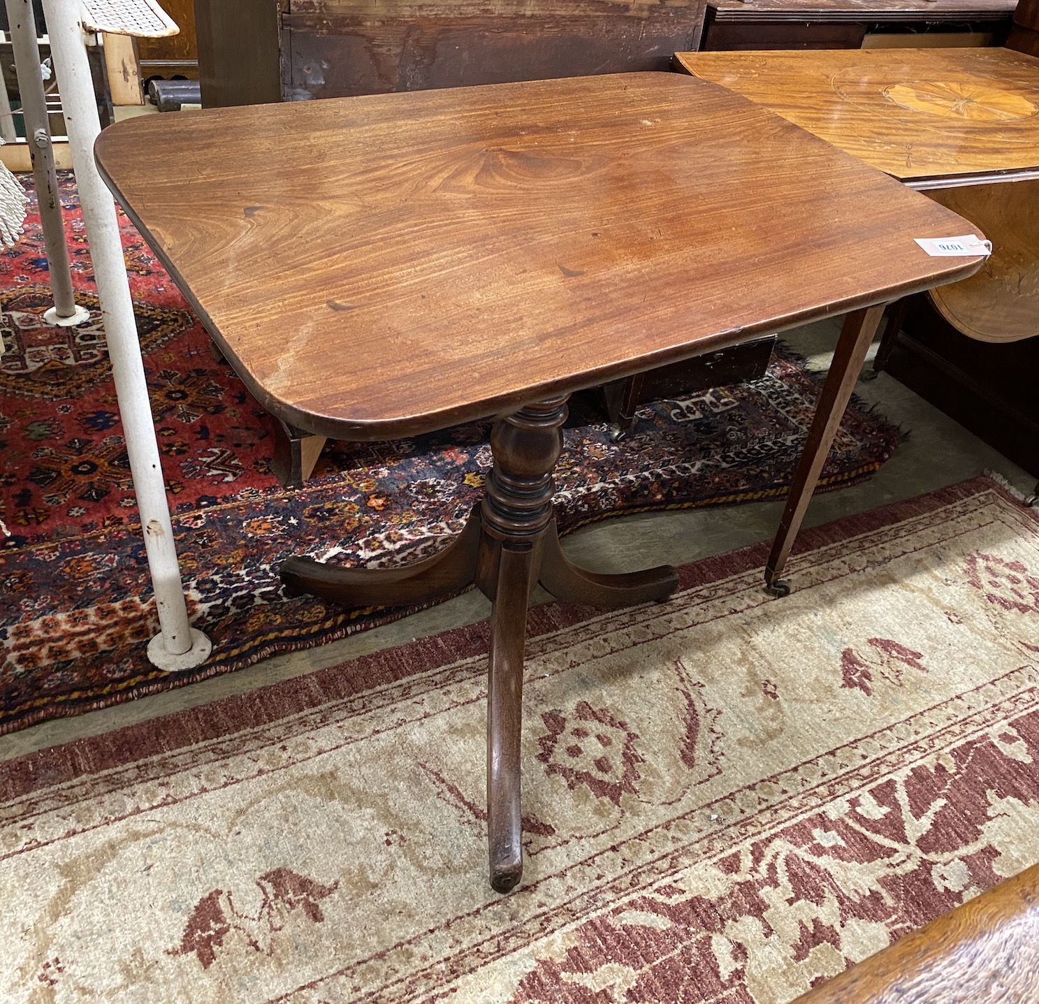 A Regency rectangular mahogany tilt top tea table, width 78cm, depth 55cm, height 71cm